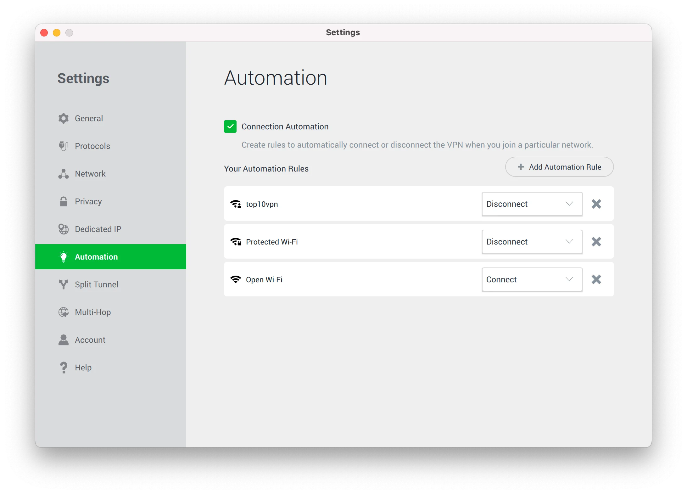 Screenshot of PIA's automation rules setting on macOS.