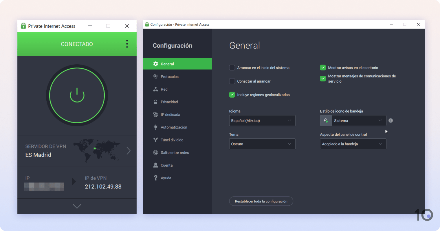 Aplicación de Private Internet Access para Windows