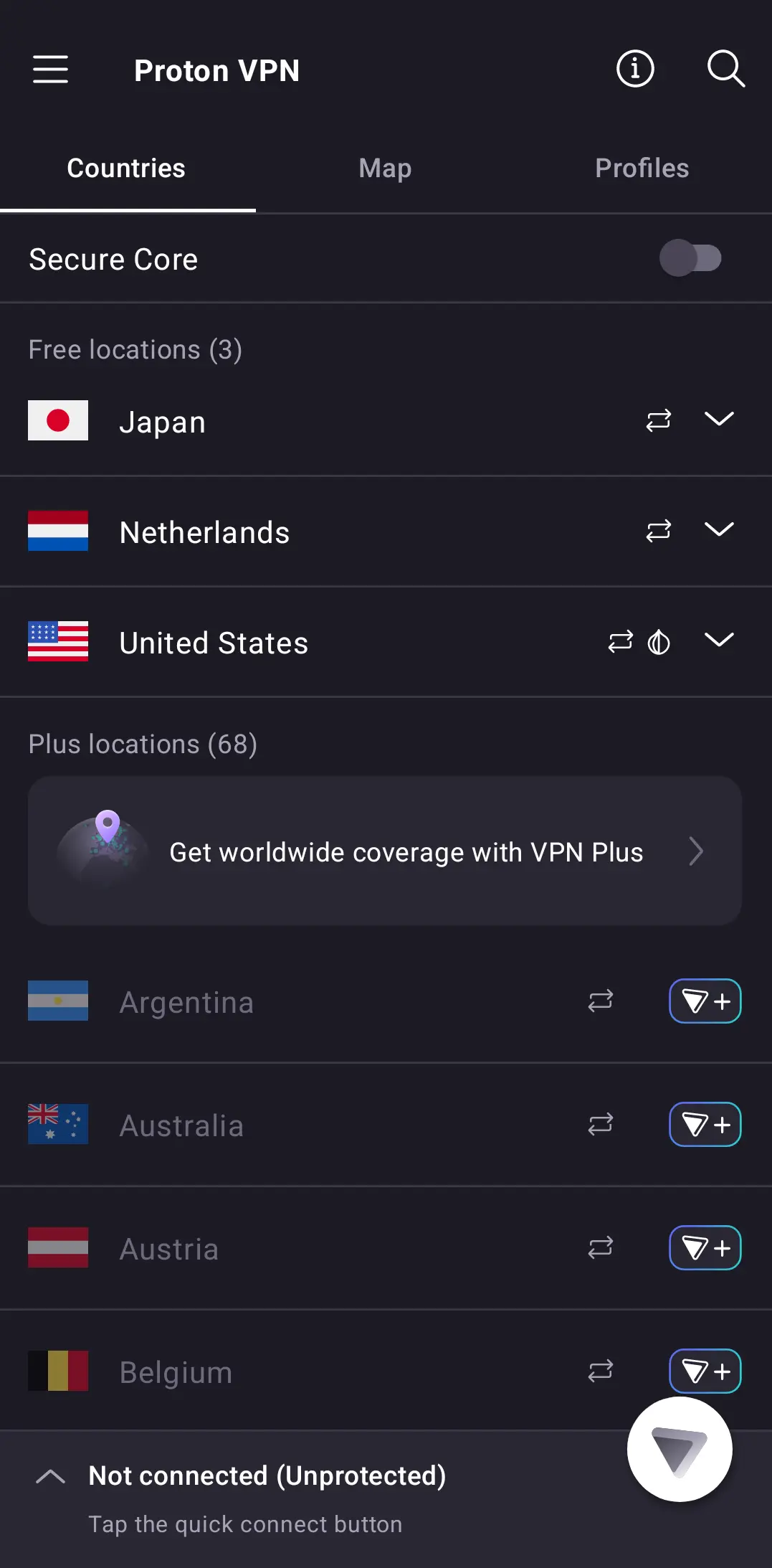 Proton VPN의 안드로이드 앱 화면으로 Proton의 무료 버전은 세 개의 무료 서버 위치 제공합니다.