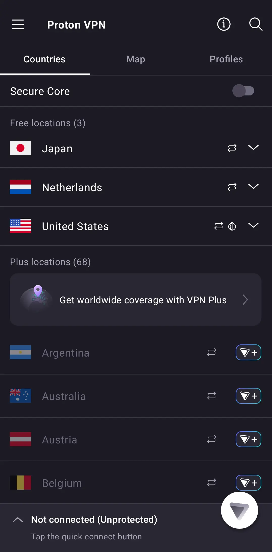 Captura de pantalla de la aplicación para Android de Proton VPN Gratis, que muestra una oferta de servidores de tres ubicaciones.