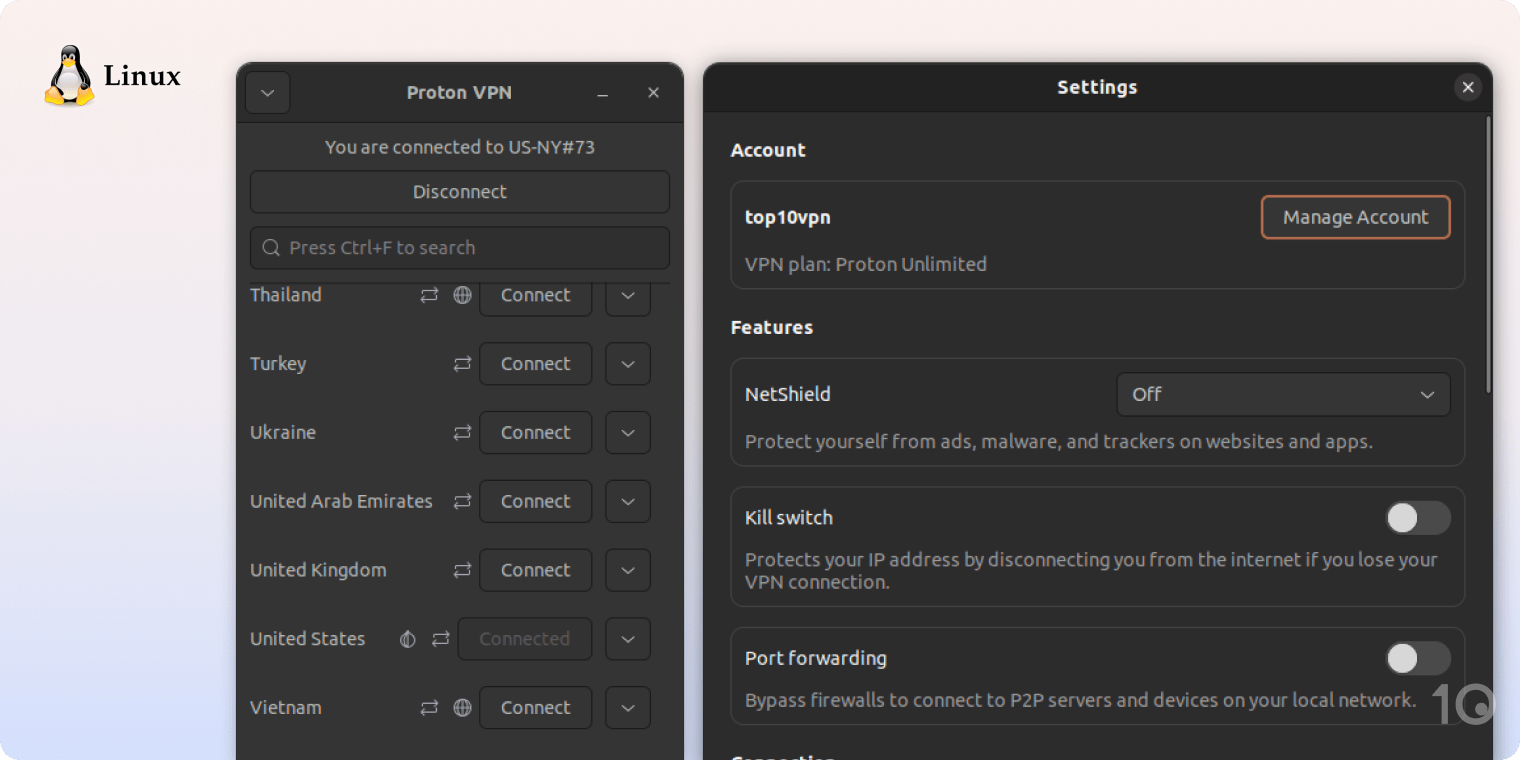 Proton VPN's app for Linux