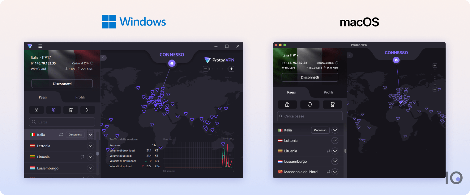 Le app desktop di Proton VPN su Windows e macOS