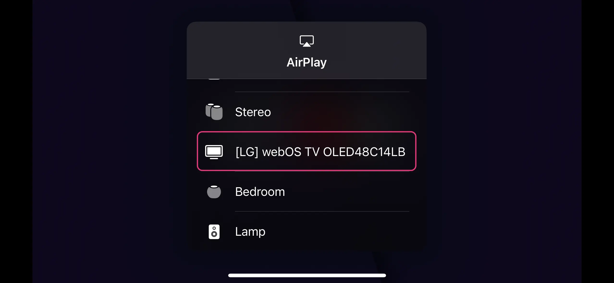 Device selection interface for AirPlay, highlighting an LG C1 TV as the chosen device. The AirPlay icon is at the top center.