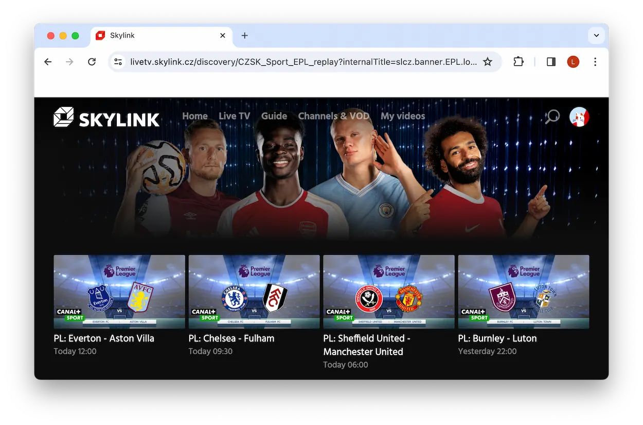 Accessing live Premier League streams on Skylink Live TV CZ