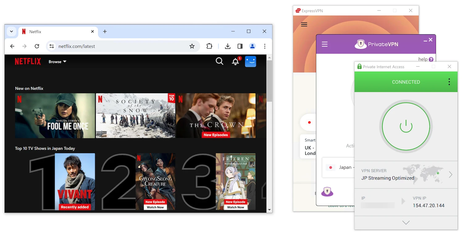 일본 지역의 콘텐츠를 보여주는 Netflix 웹페이지와 일본에 대한 연결 상태를 나타내는 ExpressVPN, PrivateVPN 및 Private Internet Access와 같은 VPN 서비스에 대한 별도의 창.