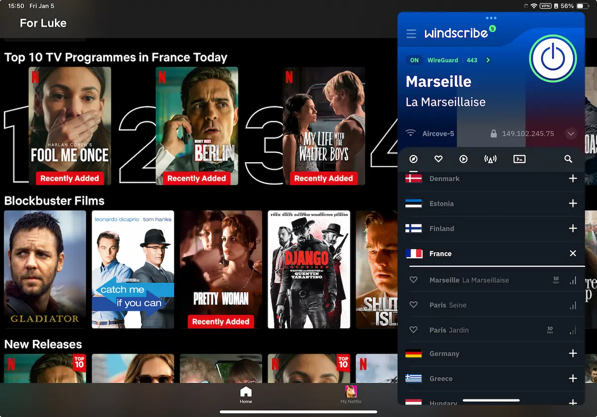 Åtkomst till Netflix Frankrike på en iOS-enhet (iPad) medan den är ansluten till en fransk Windscribe-server.