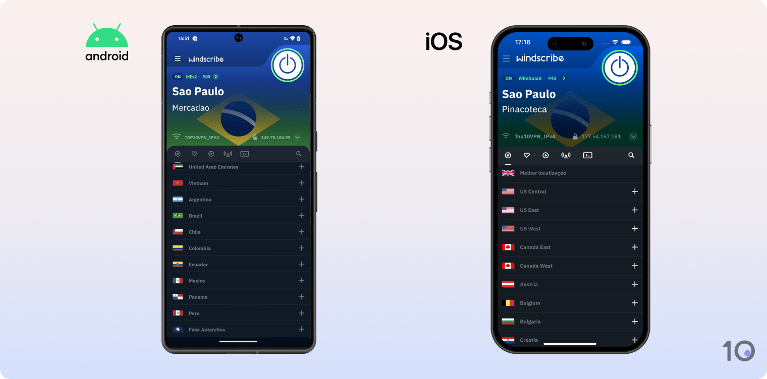 Os aplicativos Android e iOS da Windscribe