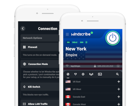 The Windscribe VPN app running on two mobiles; one displaying connection options, the other connected to a New York server.