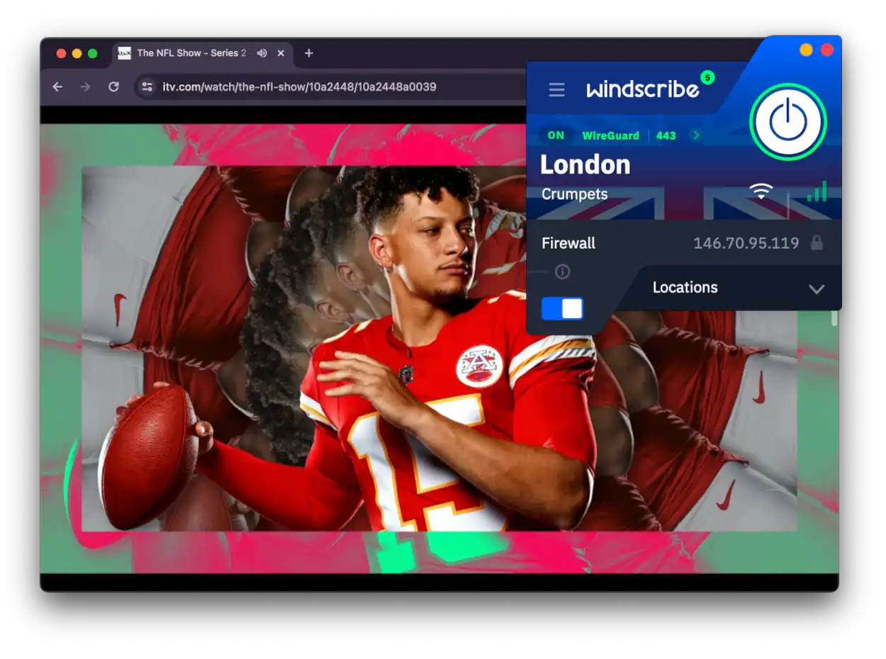 Wacthing the Super Bowl on ITVX using Windscribe free.