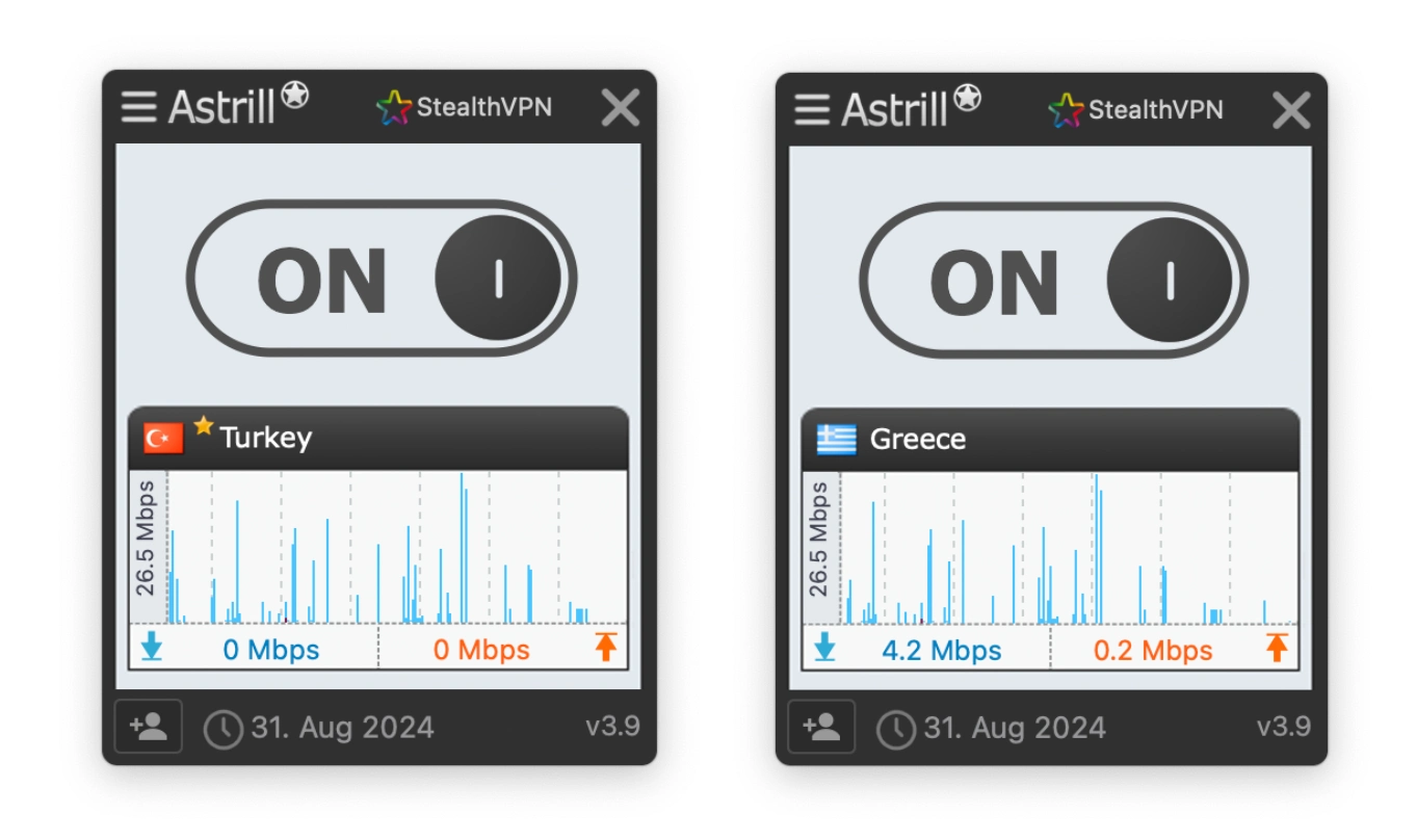 Screenshot of Astrill VPN connected to servers in Turkey and also Greece.