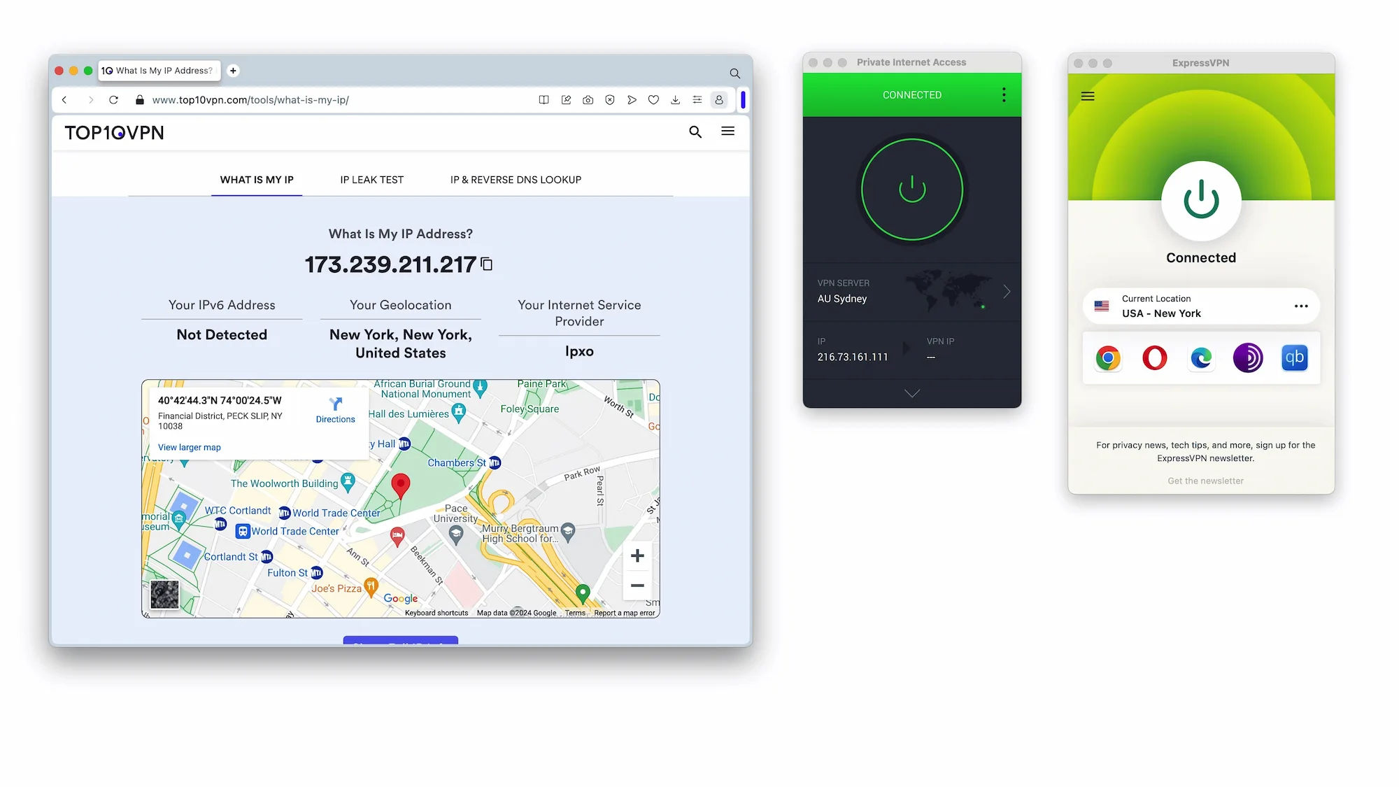 ExpressVPN and PIA both running at the same time, next to a VPN IP checker. The connection is working, and the IP address matches ExpressVPN's location.