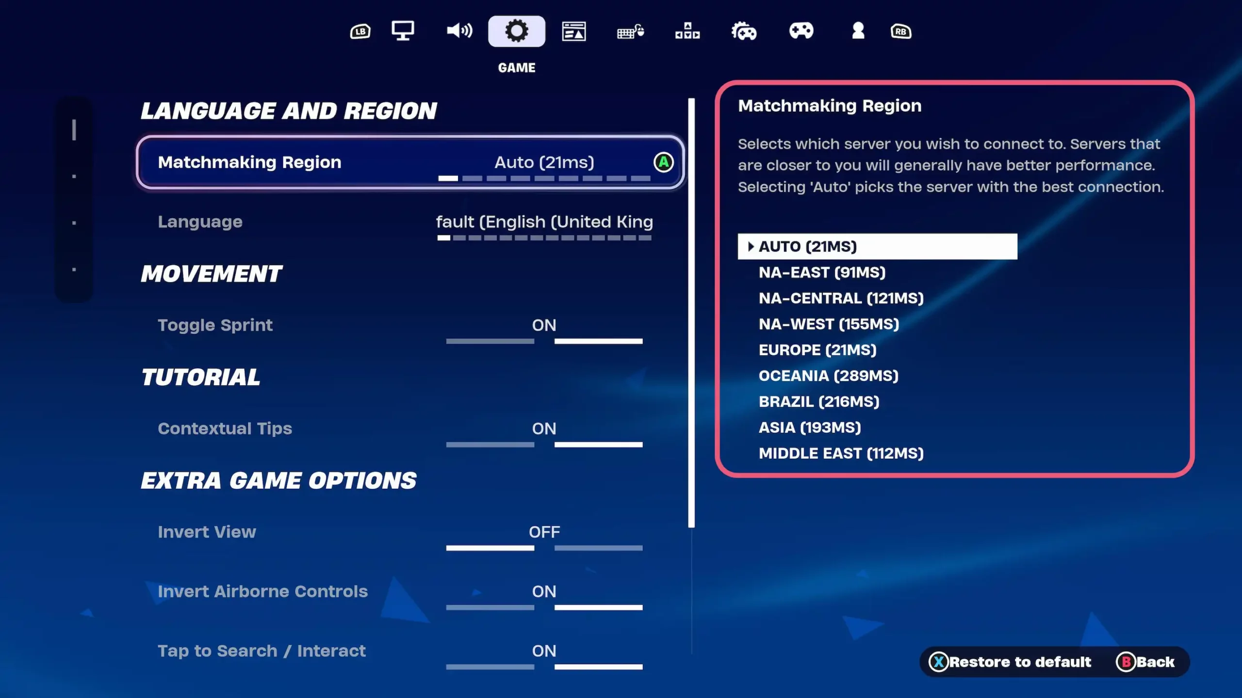 Screenshot of Fortnite's game settings with matchmaking region highlighted