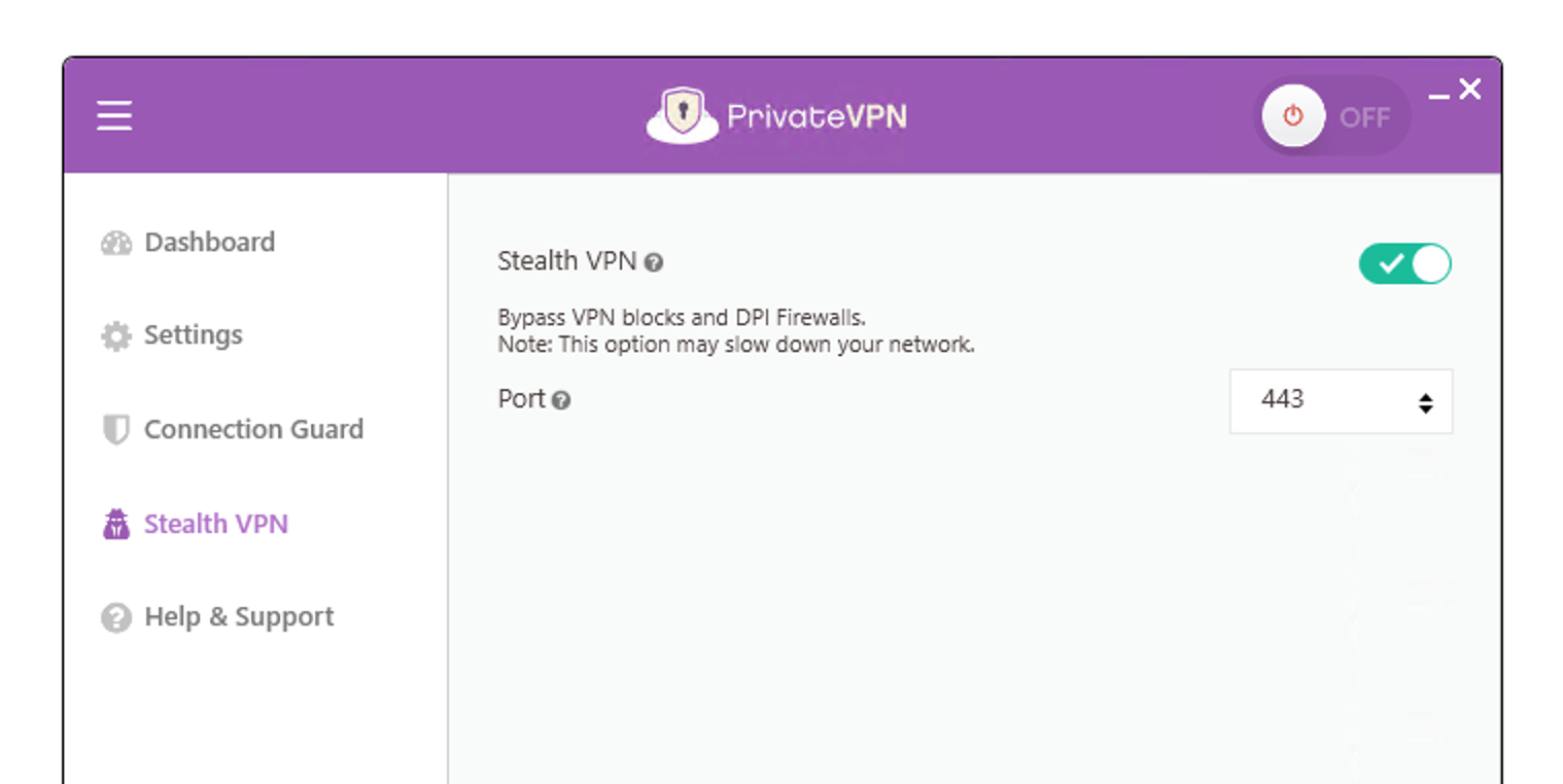 Ustawienia StealthVPN w aplikacji PrivateVPN