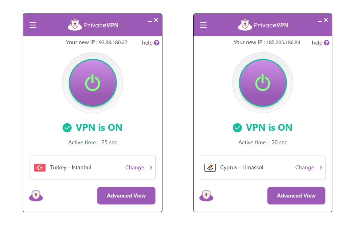 PrivateVPN connected to servers in Turkey and Cyprus.