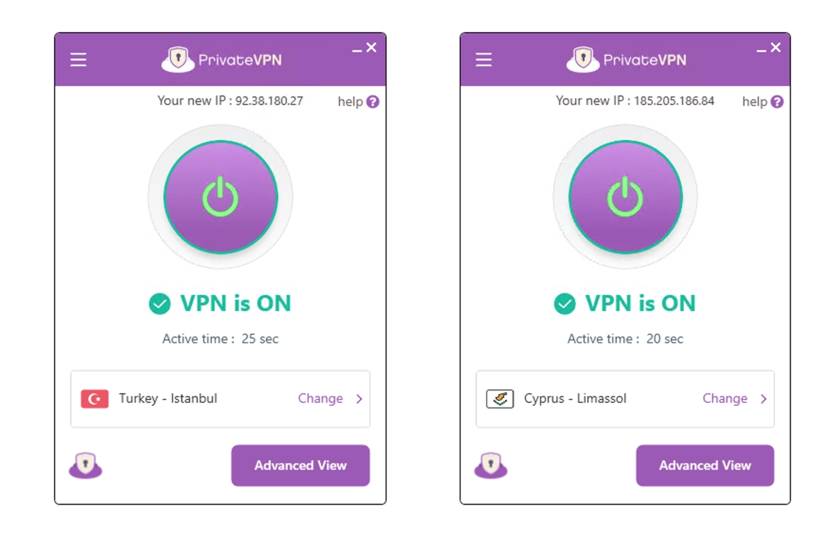 튀르키예와 사이프러스 서버에 연결된 PrivateVPN