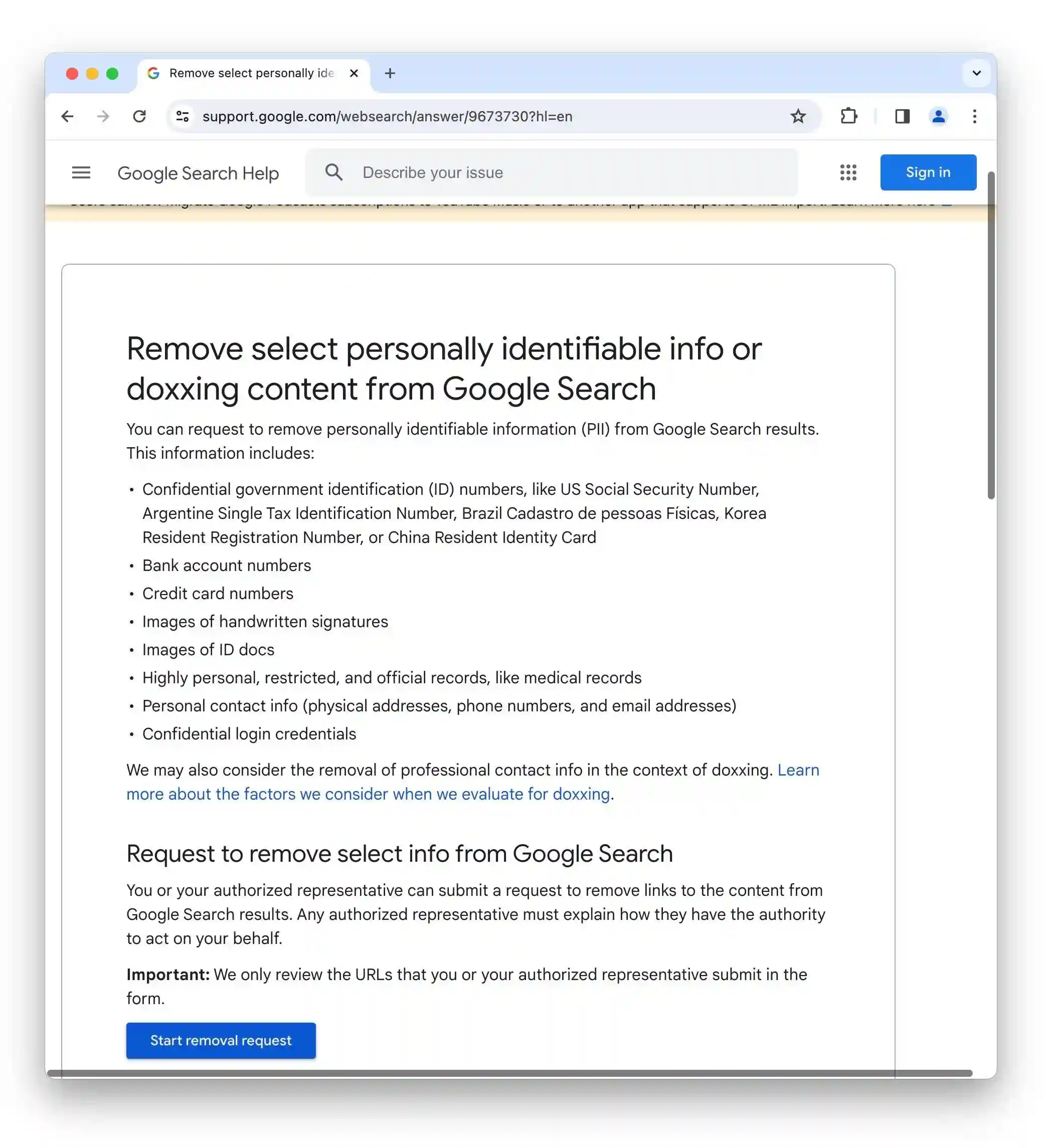 A form explaining how to remove personally identifiable information from Google Search