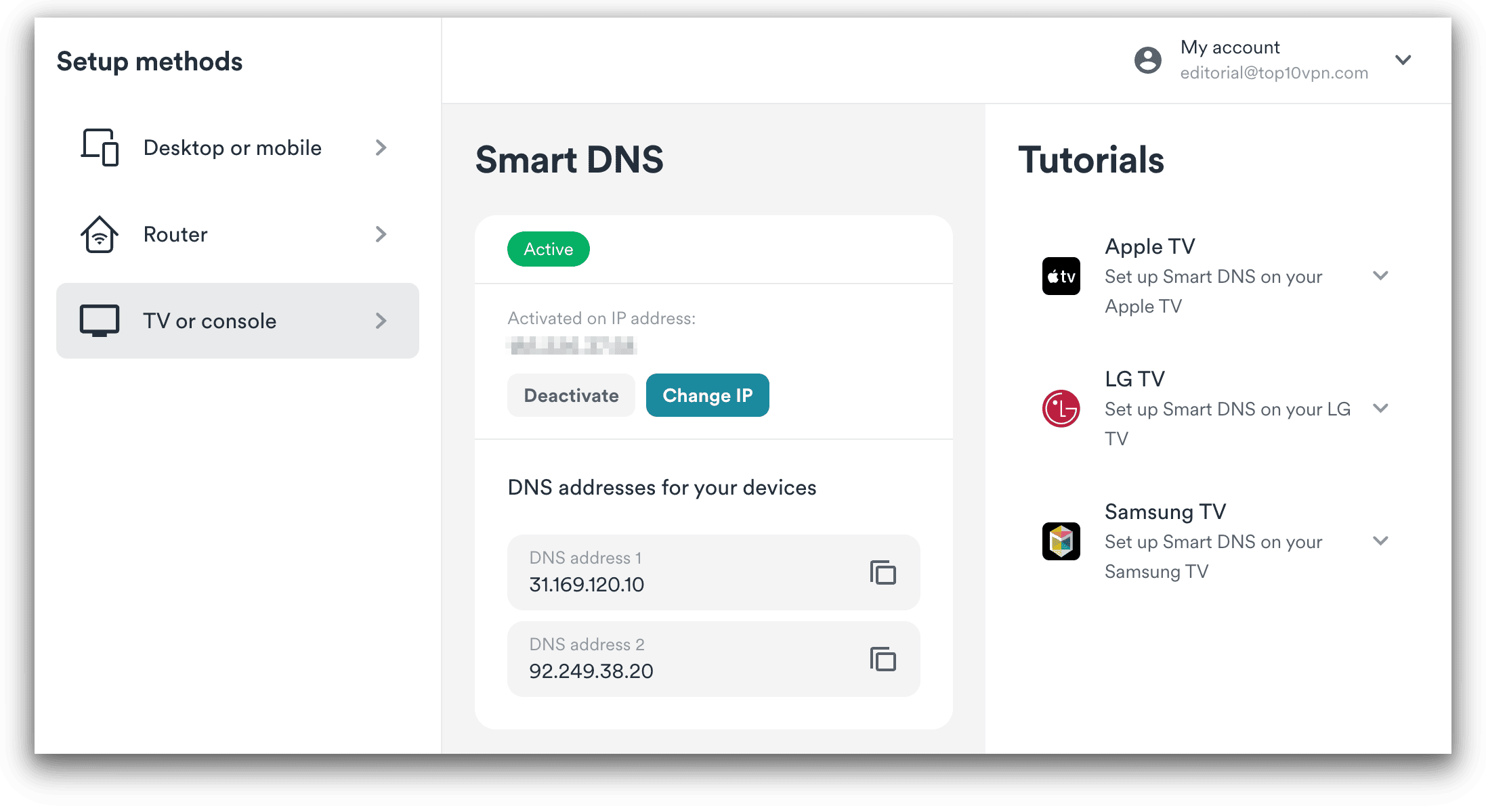 The Smart DNS and Smart TV setup presented to users on the Surfshark account page.