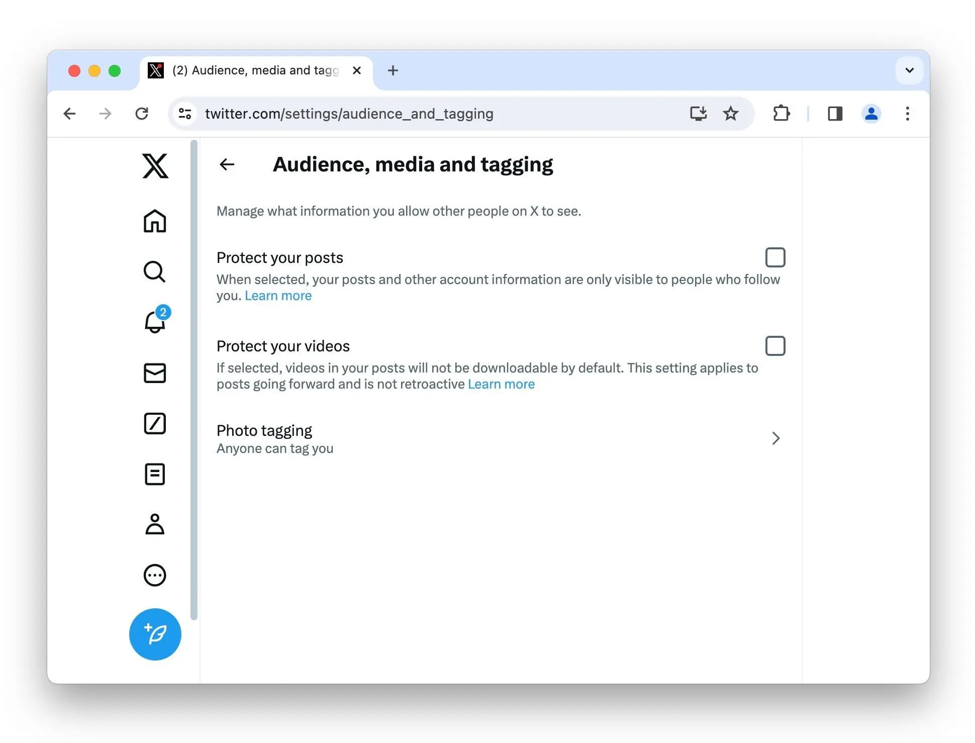 Twitter's audience, media and tagging settings