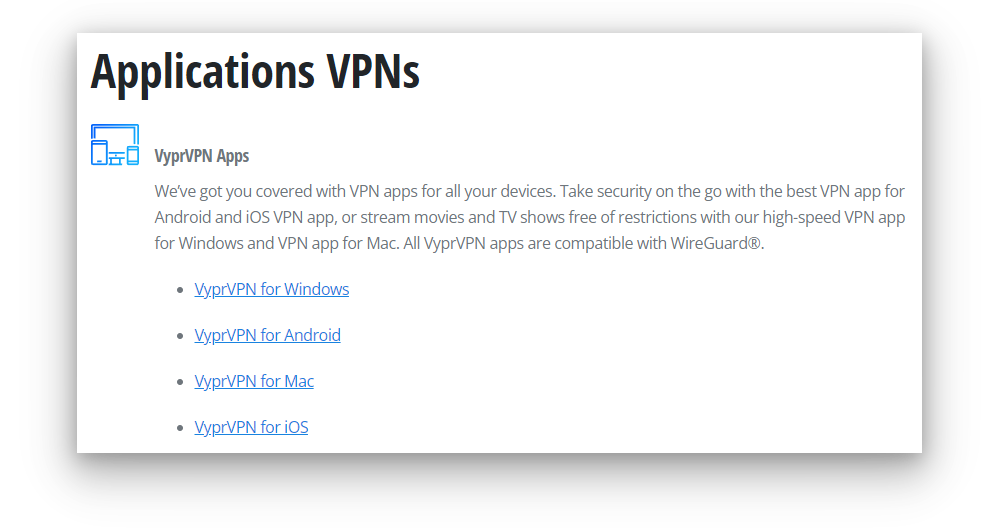 VyprVPN's website showing that it only supports four different platforms.