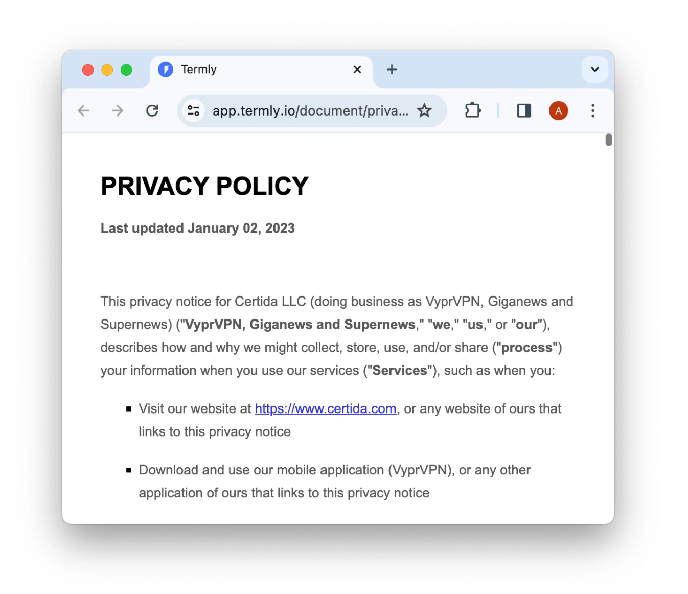 Capture d'écran de la politique de confidentialité autogénérée de VyprVPN. 