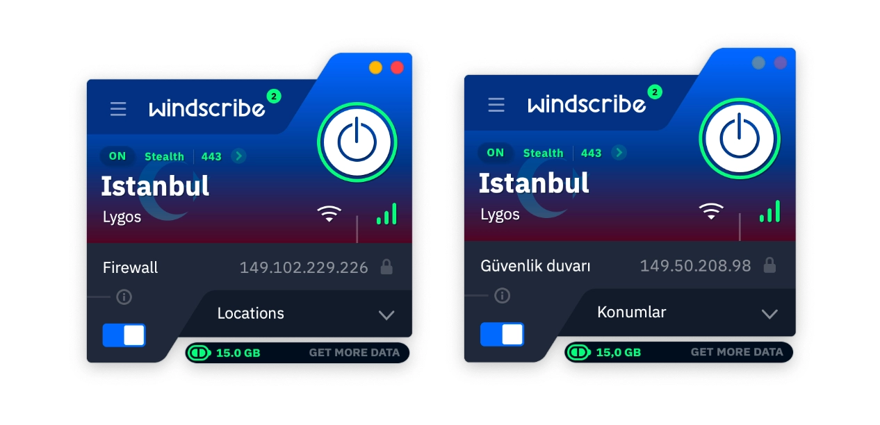Screenshot of Windscribe Free client in English and Turkish.