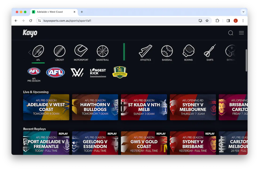 Accessing AFL on Kayo Sports on a laptop