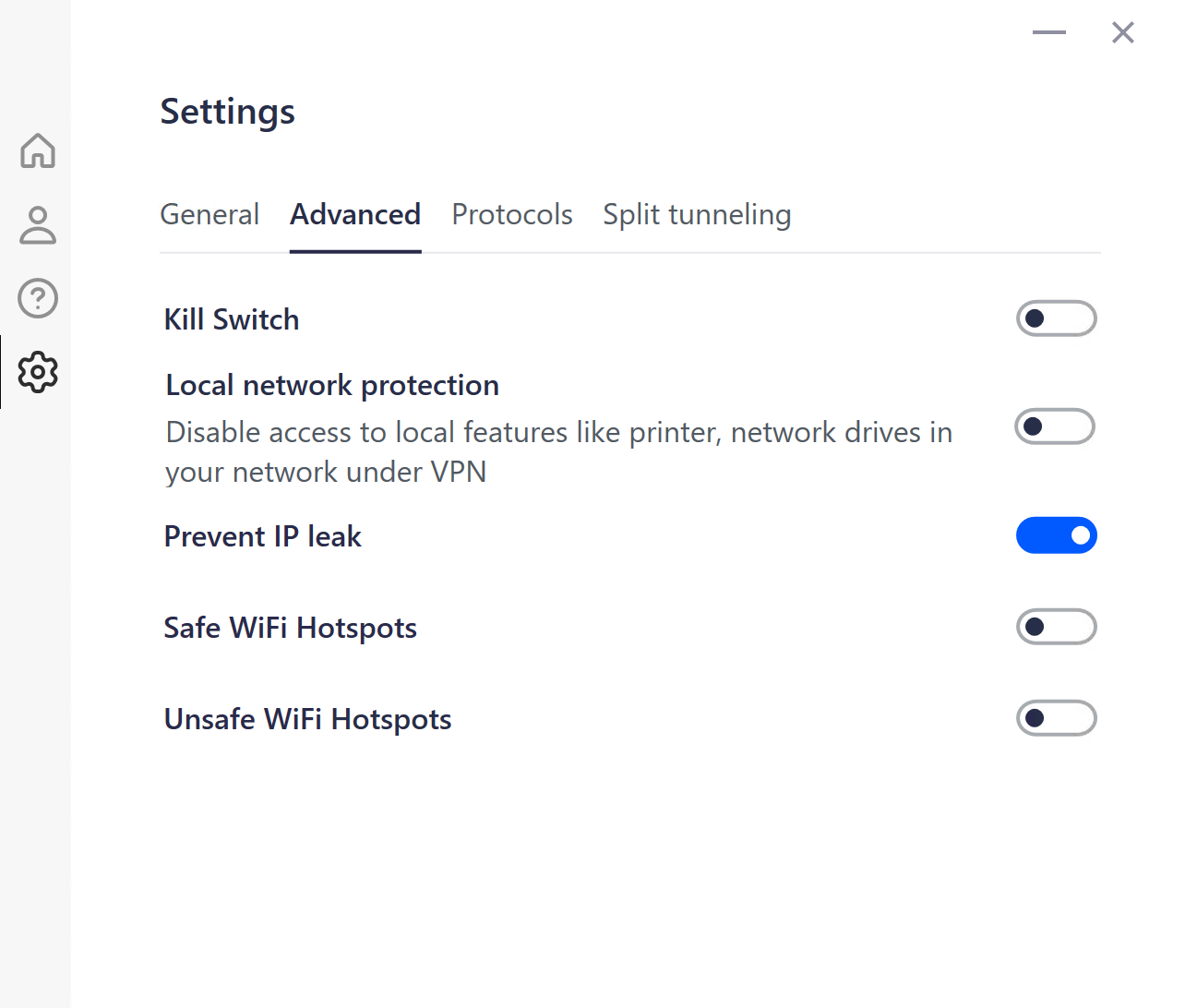 Menu des paramètres de sécurité de la version gratuite de Betternet VPN