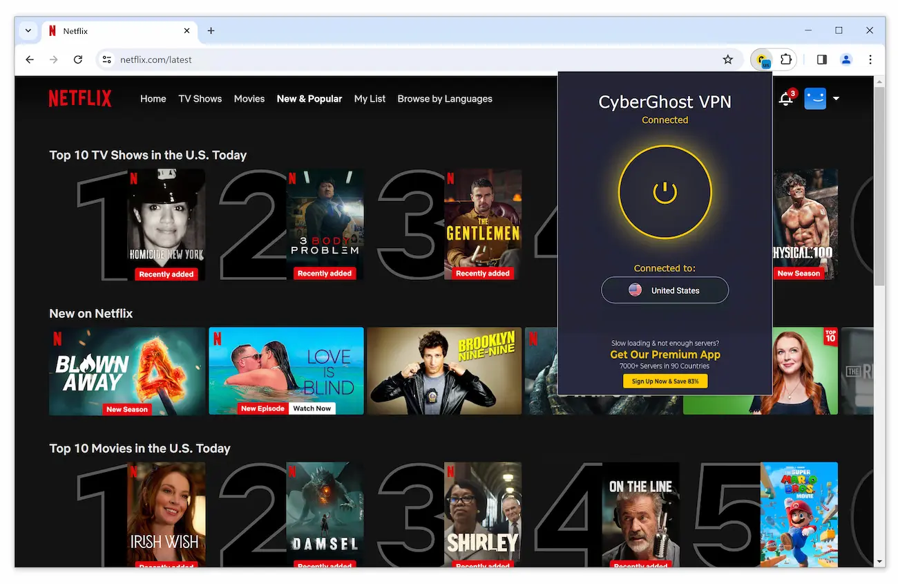 Accediendo a Netflix Estados Unidos usando la extensión gratuita para navegadores de CyberGhost