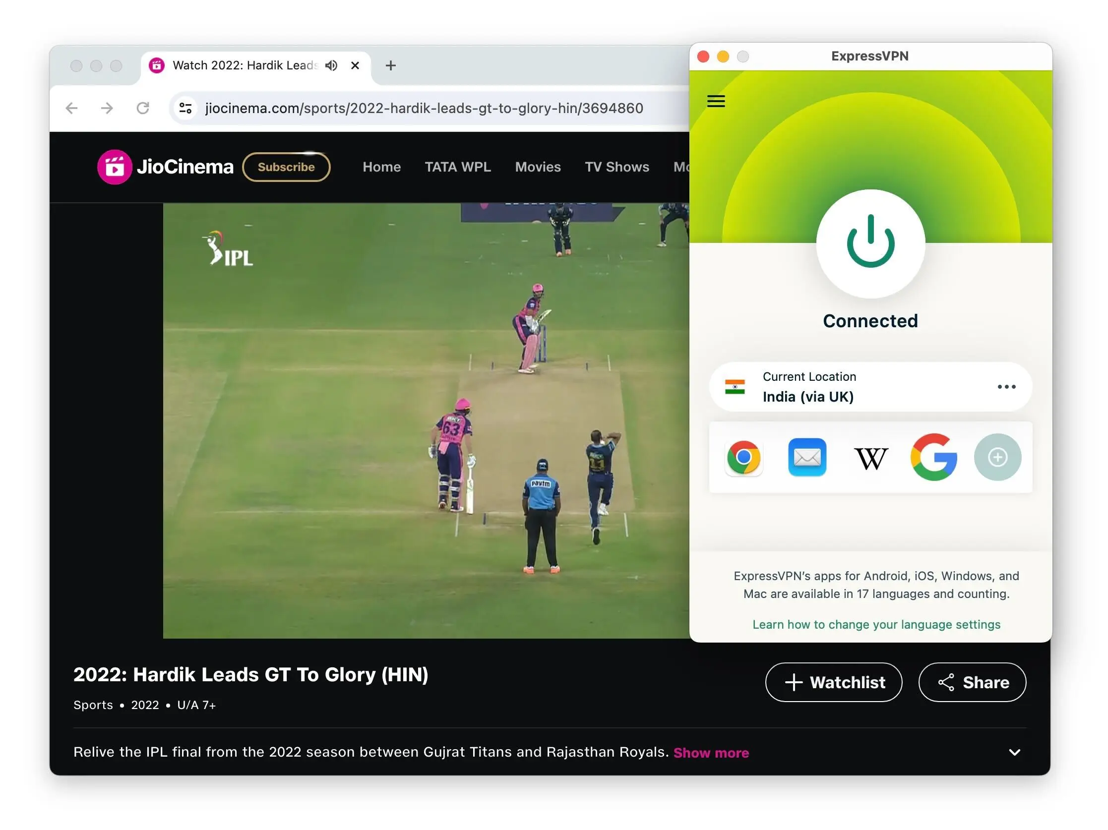 Using ExpressVPN with with JioCinema to watch the IPL