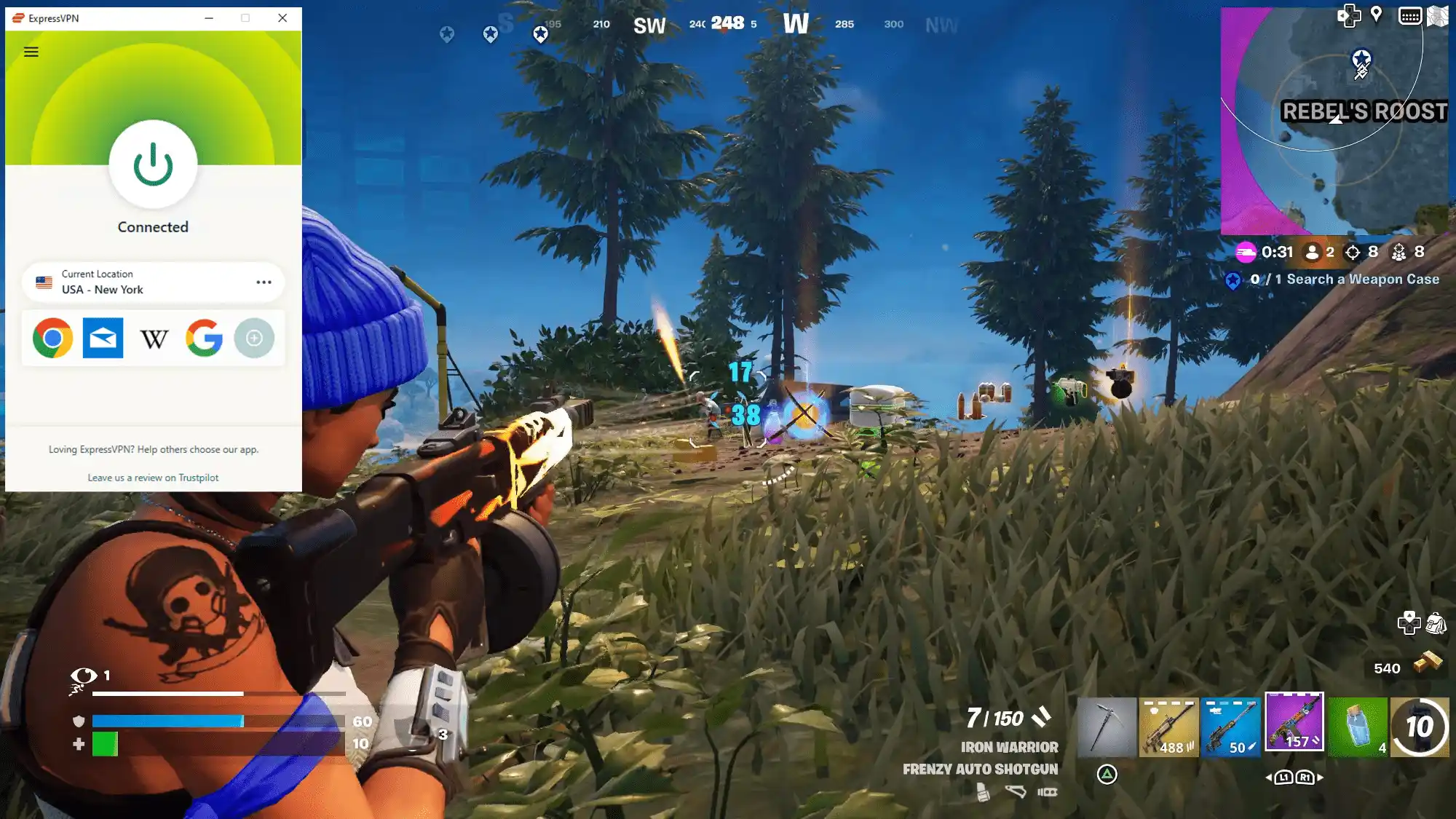Screenshot of Fortnite on a PS5 console while connected to an ExpressVPN New York server.