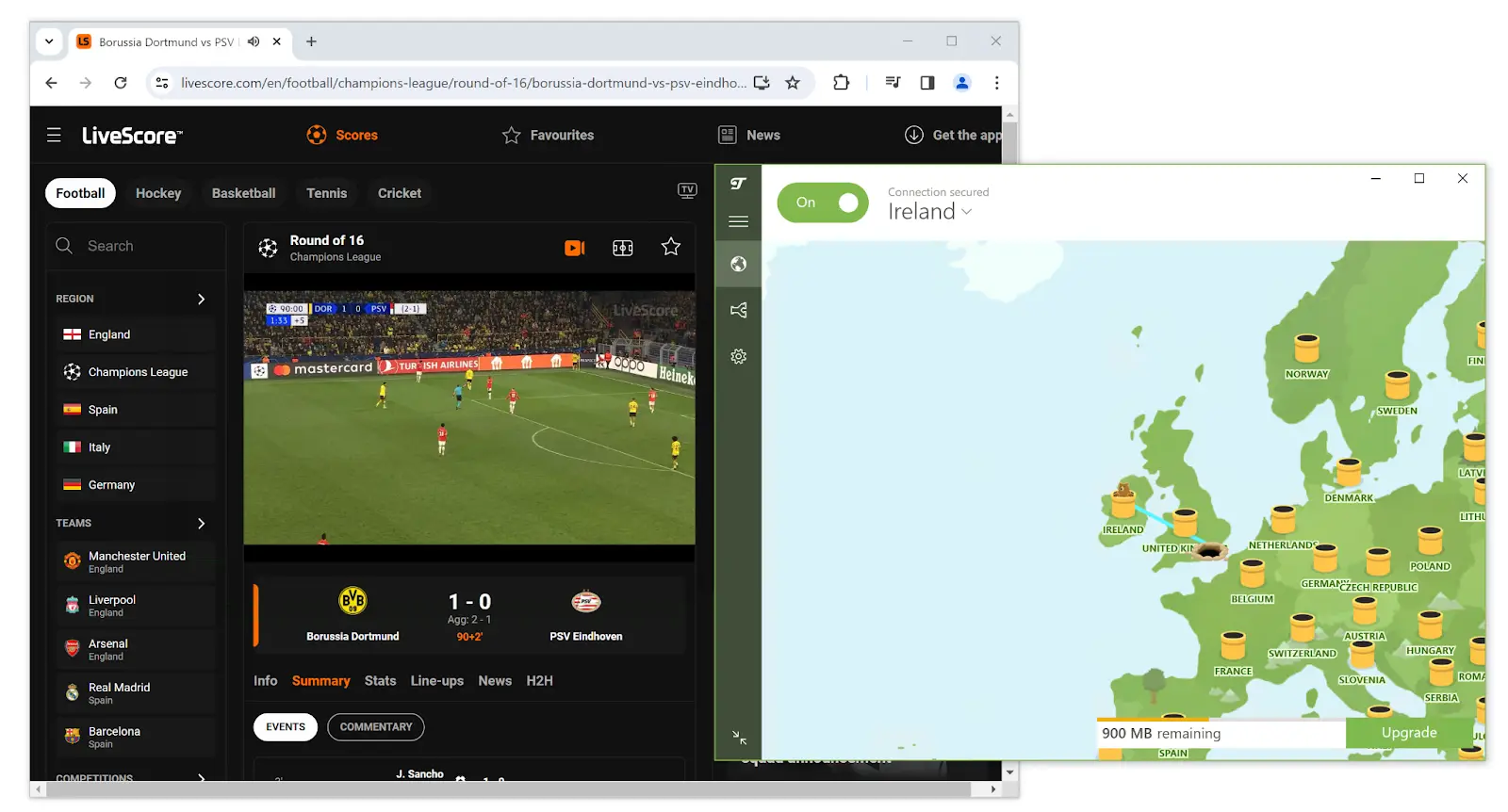 Usando TunnelBear Gratis para desbloquear LiveScore y ver la Champions League.