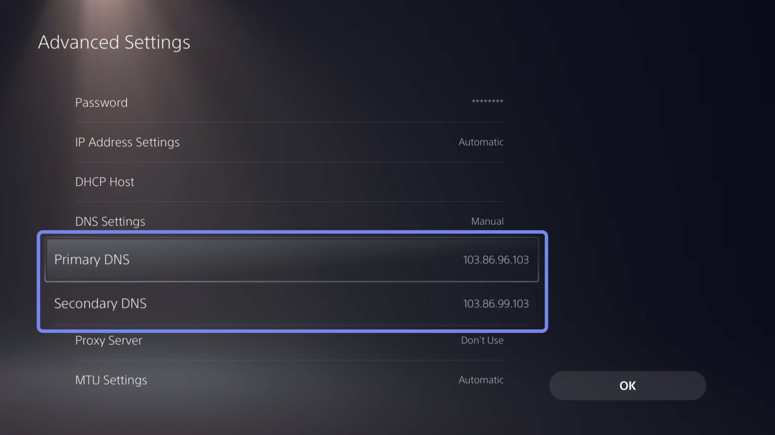 NordVPN's Smart DNS set up on a PS5 console. Screenshot of Advanced Network Settings on a PS5.