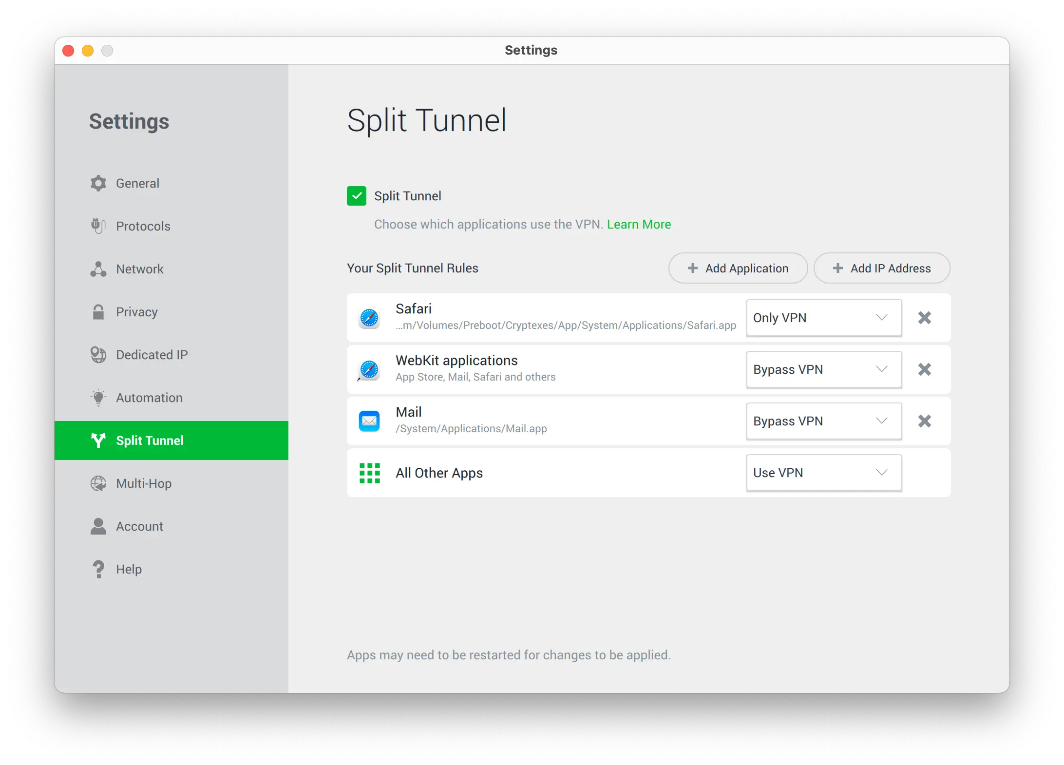 PIA's split tunneling tool on macOS.