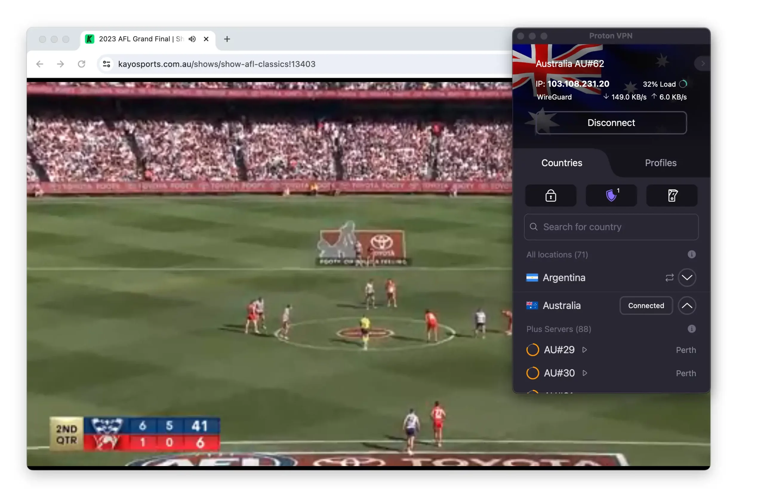 Using Proton VPN to access Kayo Sports