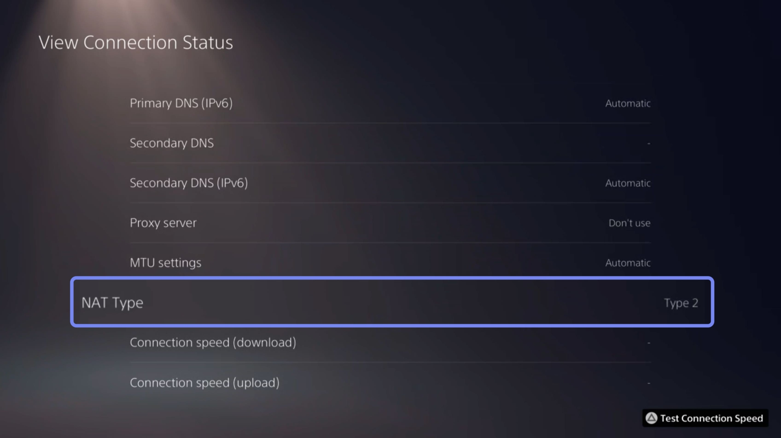 Screenshot of PS5 Connection Status settings, zoomed in on NAT Type. The PS5 is NAT Type 2.