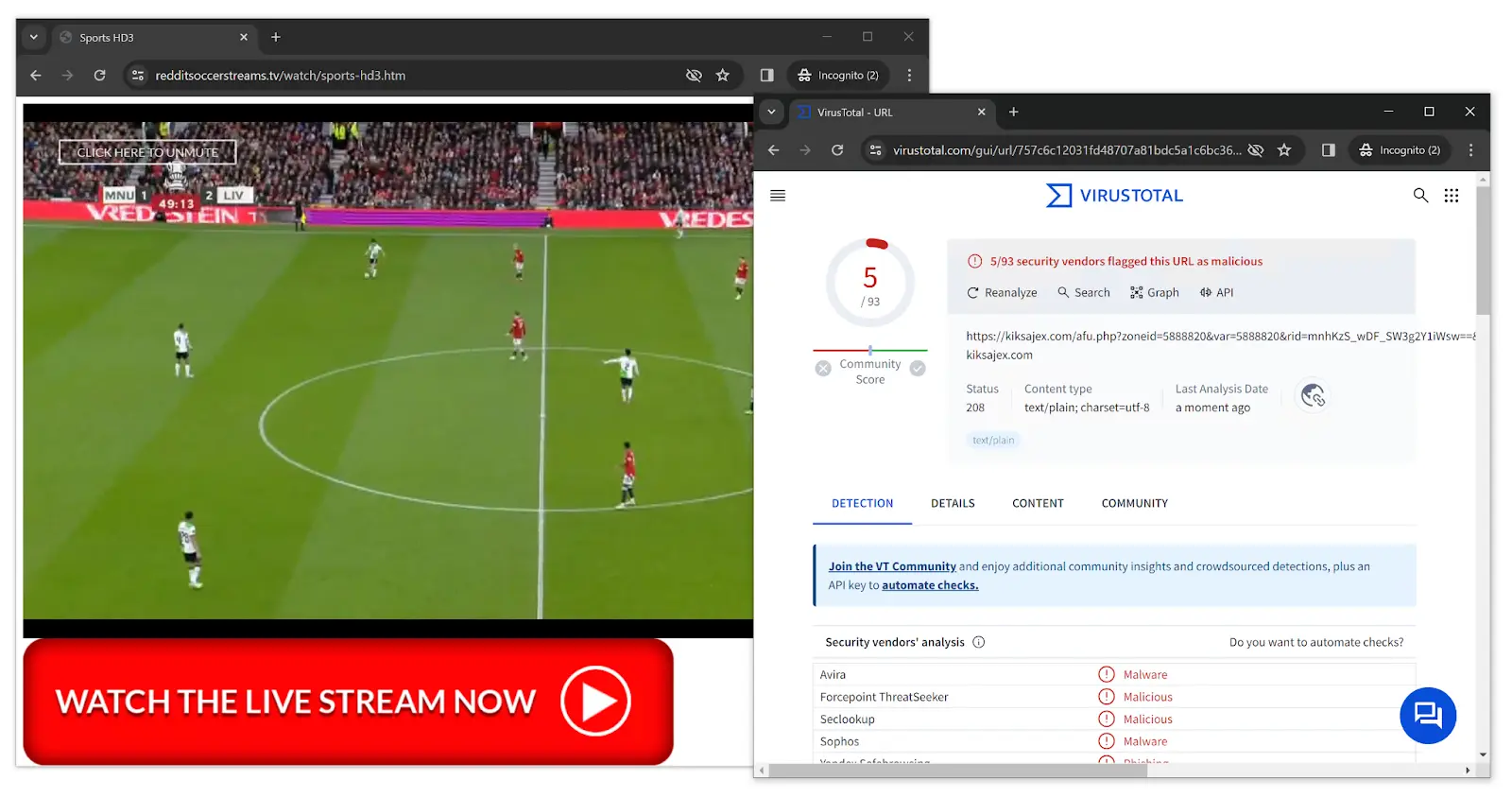 A Reddit Soccer Streams live stream alongside a VirusTotal report flagging a URL as malicious