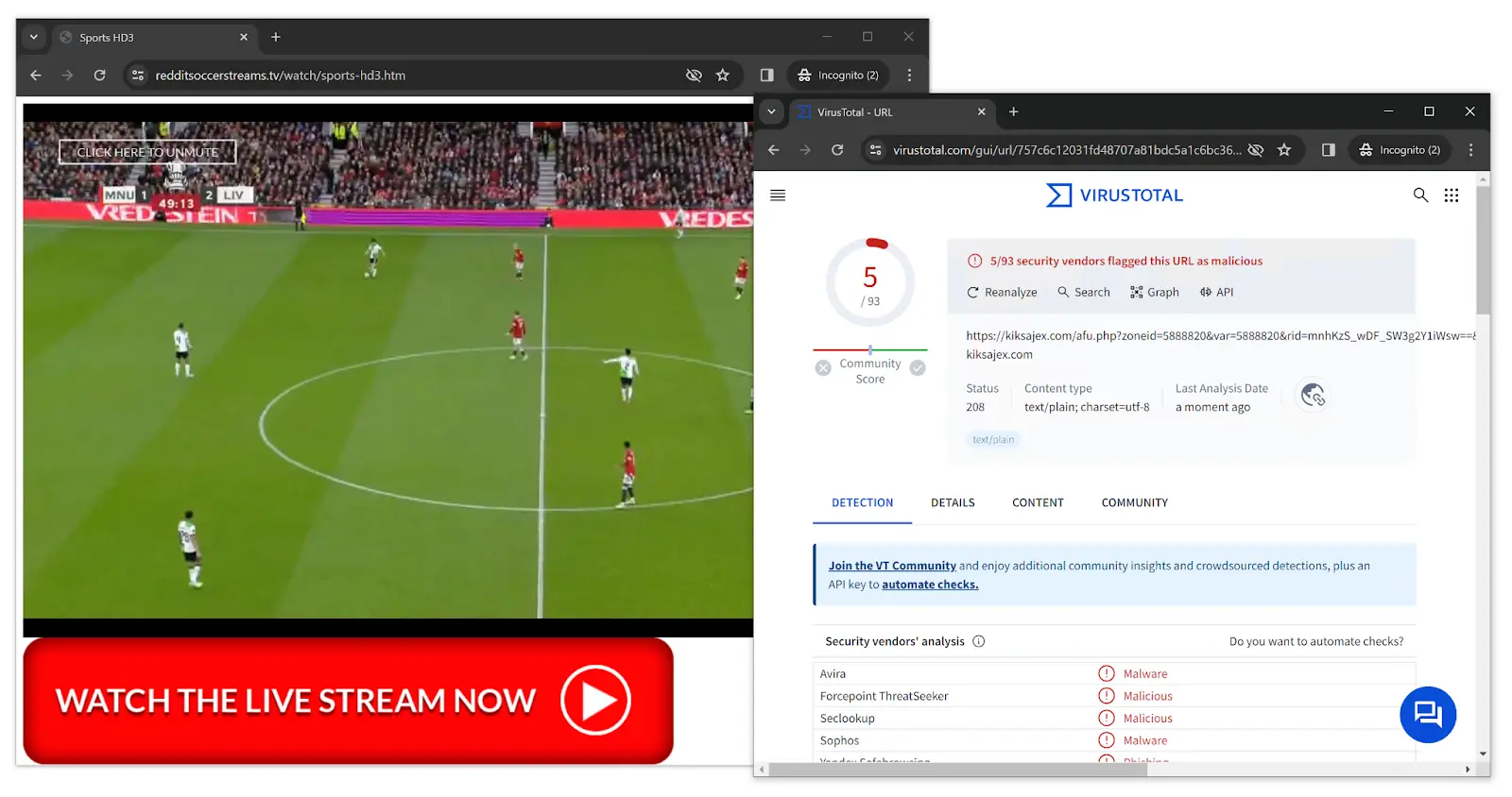 Una retransmisión en directo en Reddit Soccer Streams junto a un informe de VirusTotal alertando sobre la presencia de una URL maliciosa