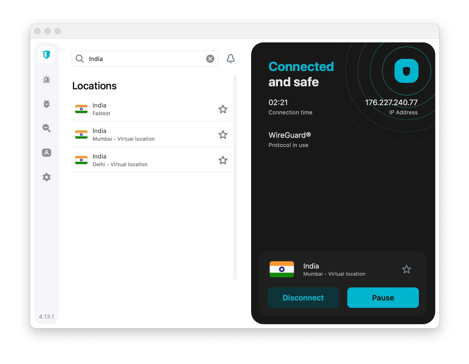 Surfshark's India server locations on macOS