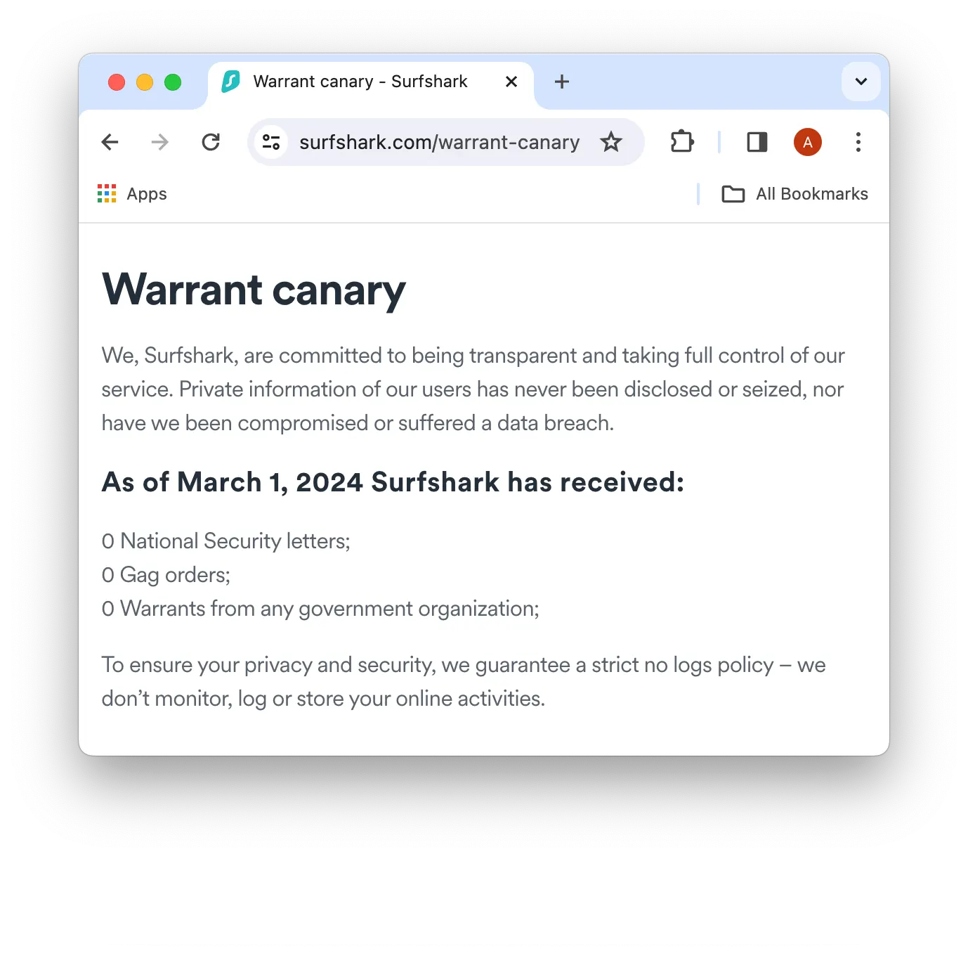 Surfshark's transparency report verifies that it’s never provided logs for a court order, subpoena, or a warrant.