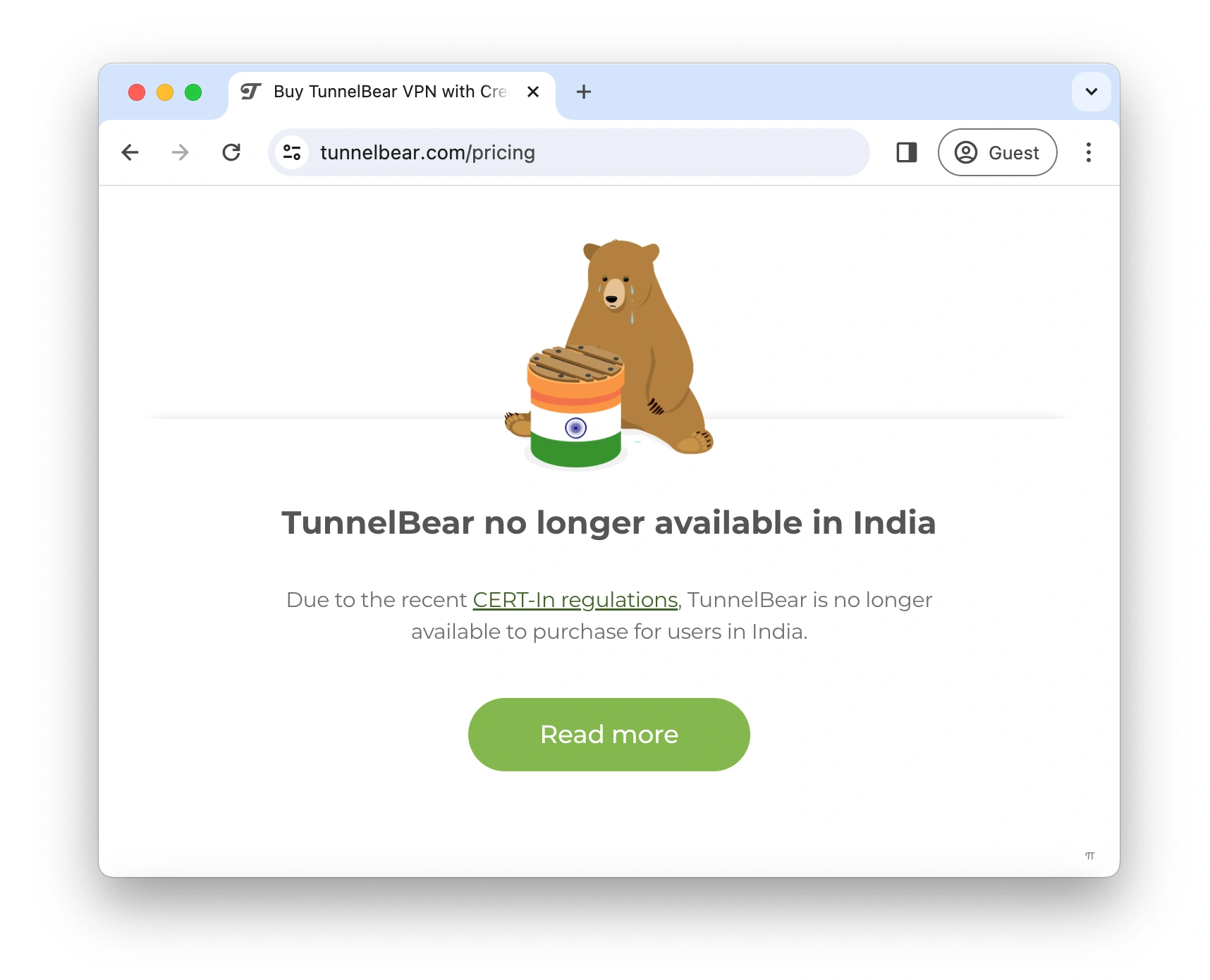Error message outlining TunnelBear's unavailability in India