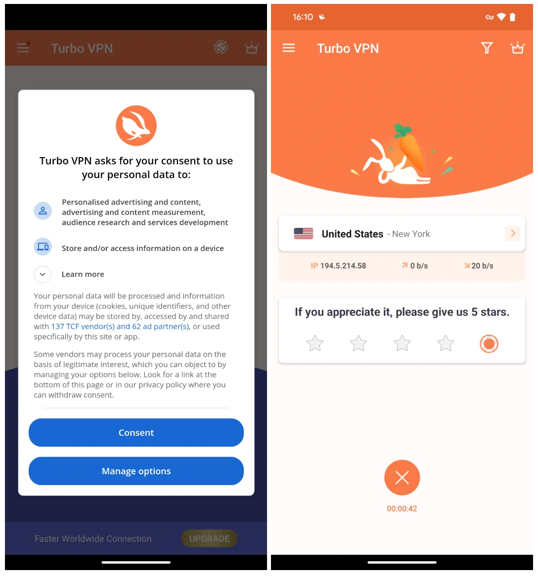 Turbo VPN's advertising policy and homepage on Android. 