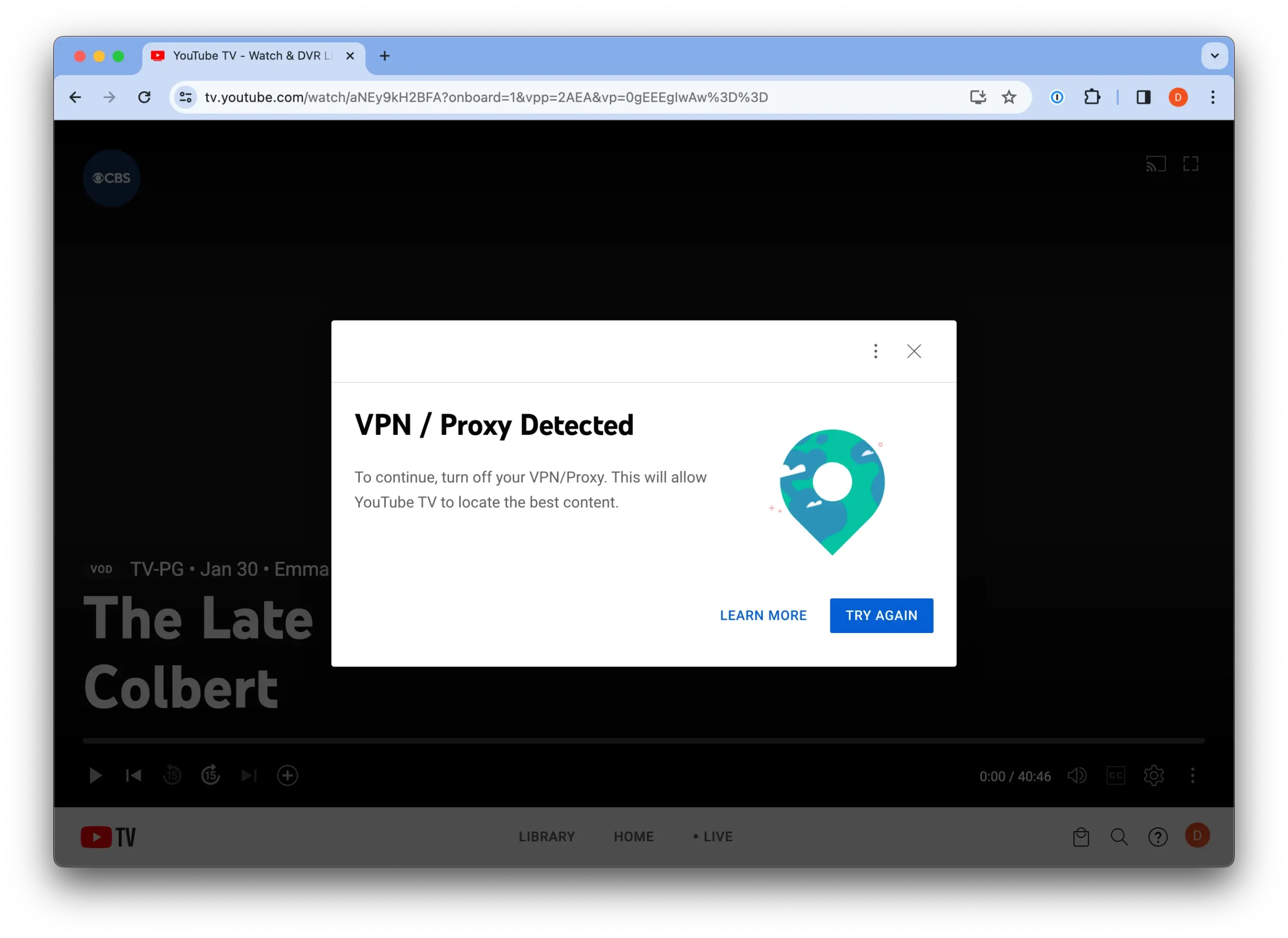 YouTube TV VPN Proxy Detected Error Message