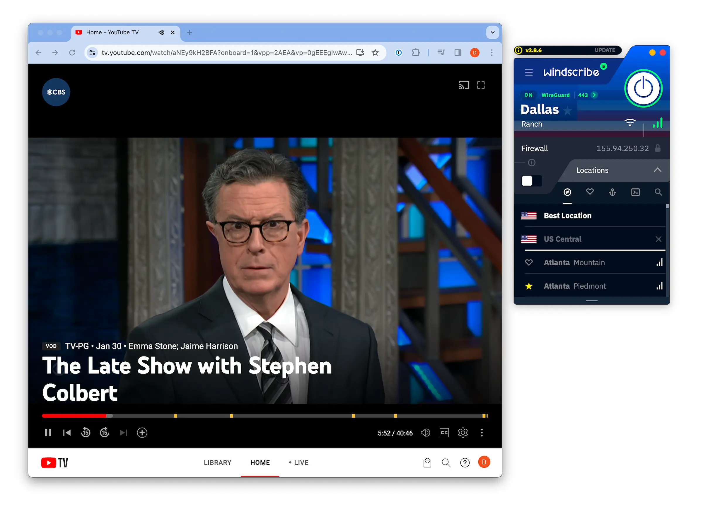 Windscribe Free with YouTube TV on macOS