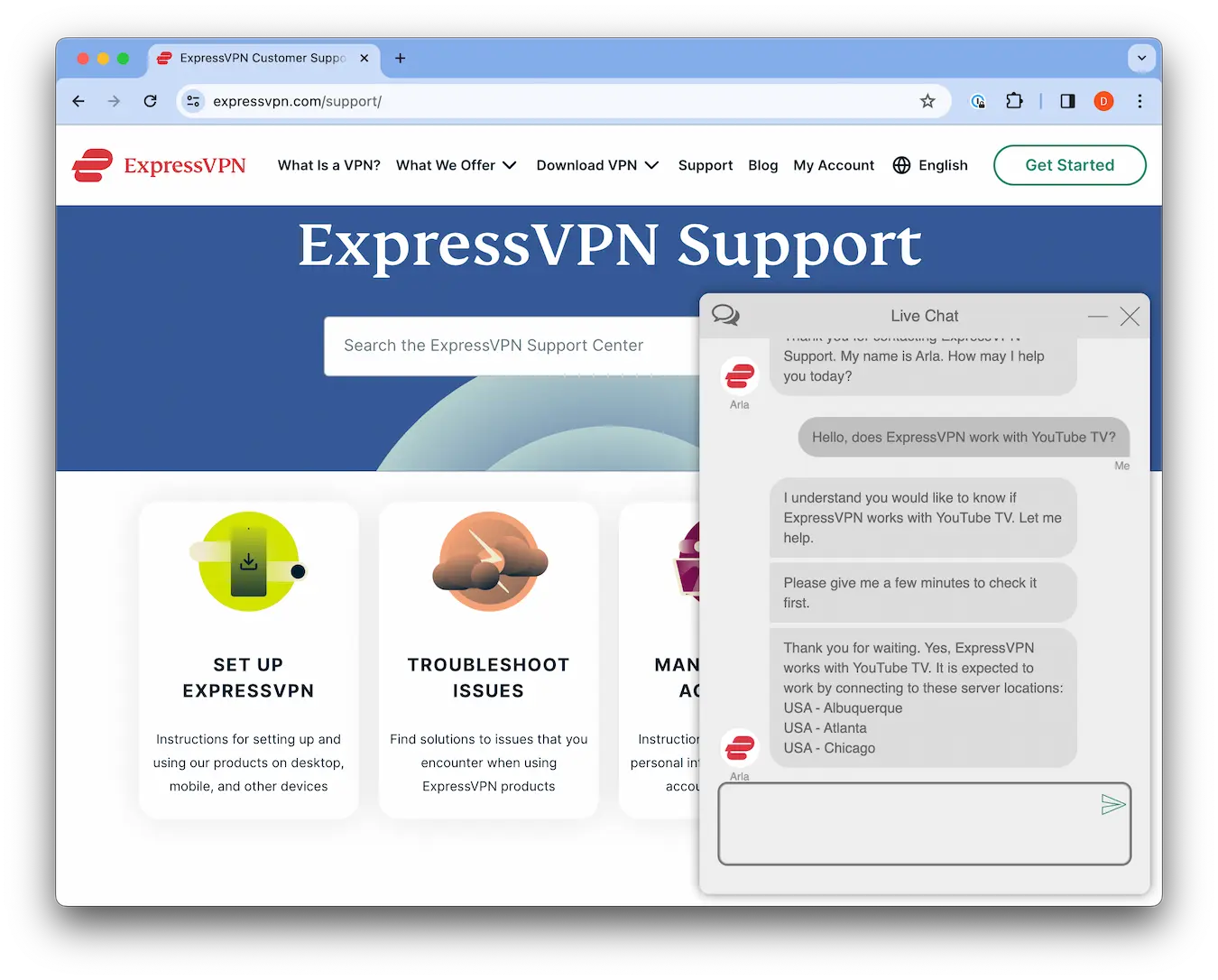 ExpressVPN Customer Support for YouTube tV