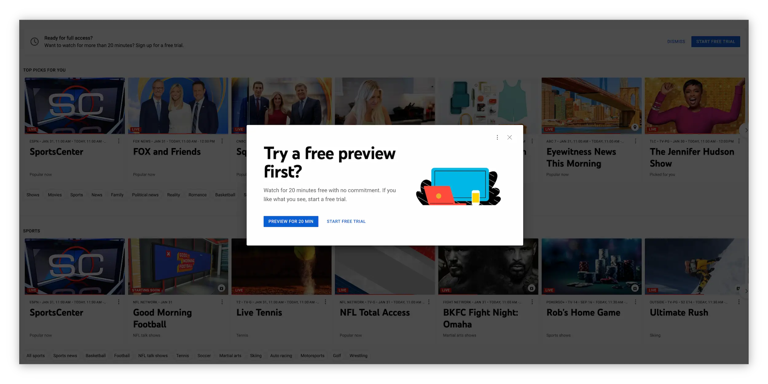 YouTube TV Preview Prompt