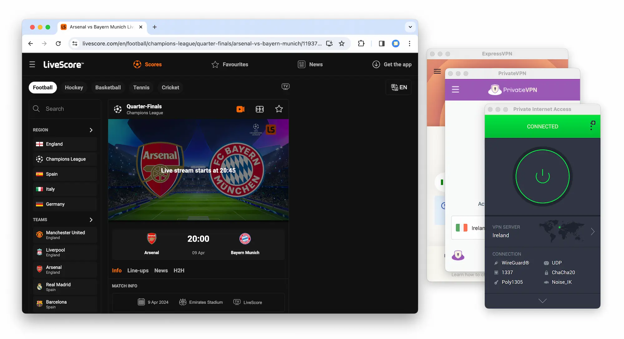 LiveScore website showing an upcoming Arsenal vs Bayern Munich match alongside various VPN services.