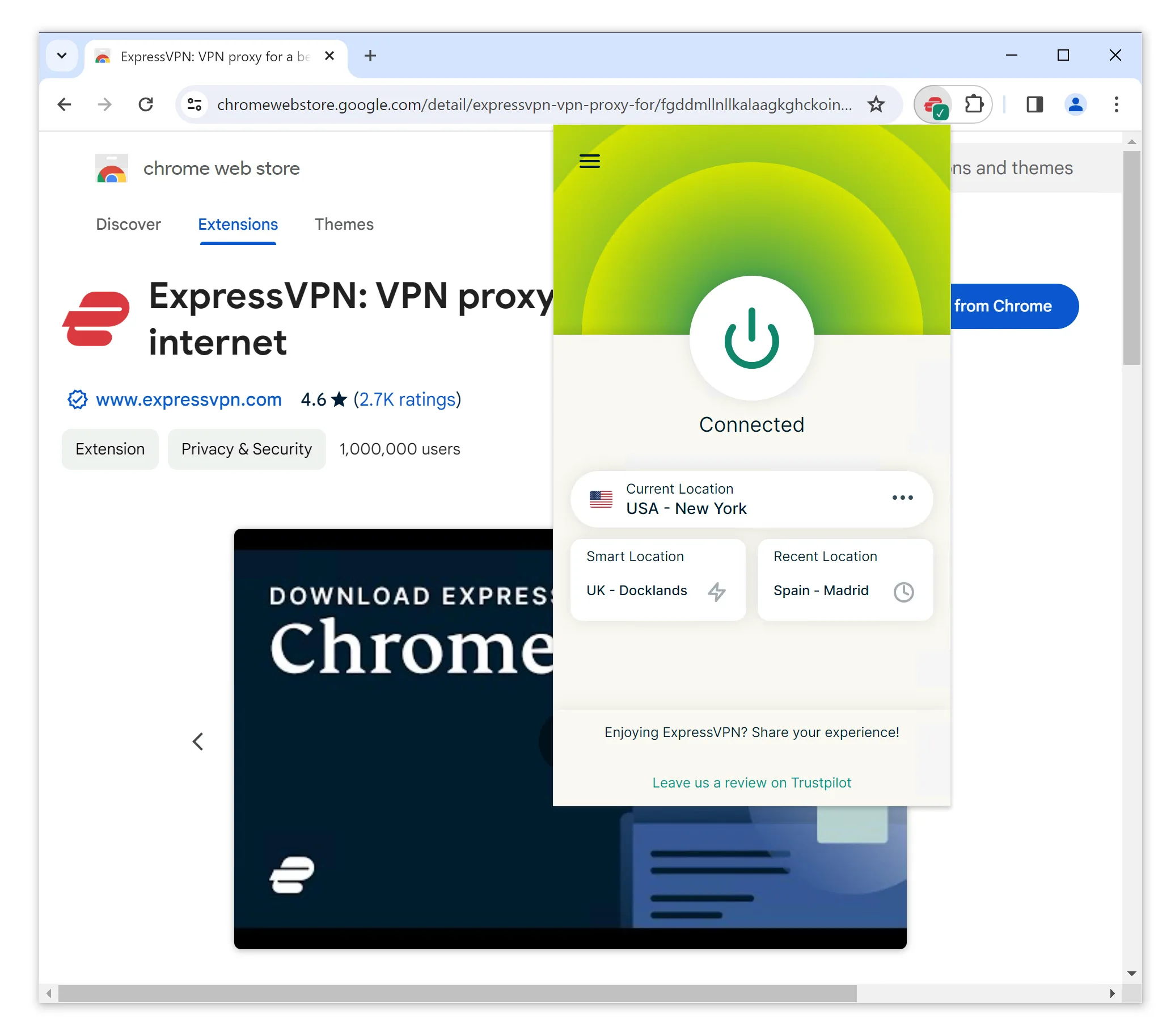 ExpressVPN Chrome extension home screen