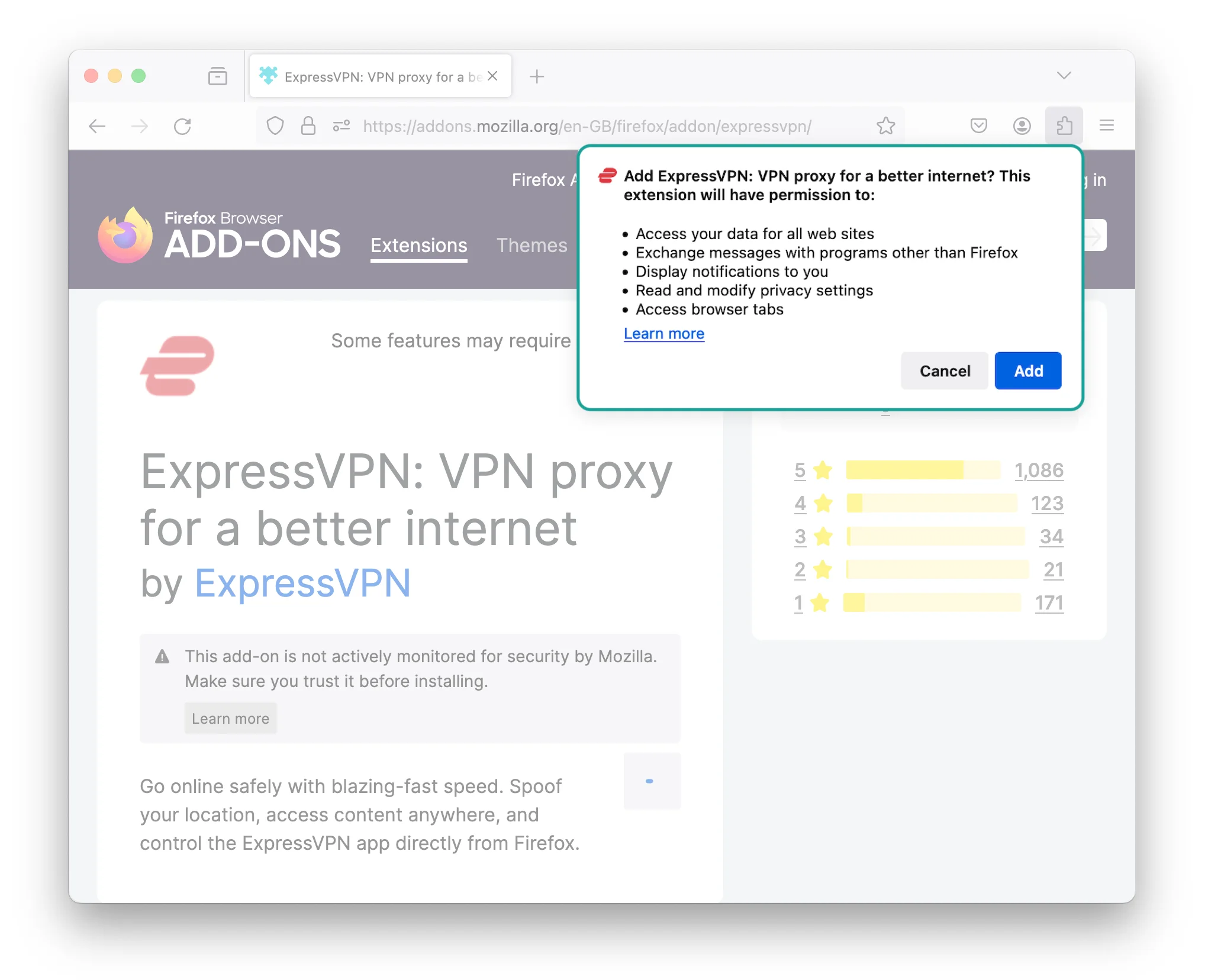 ExpressVPN Firefox extension permissions request