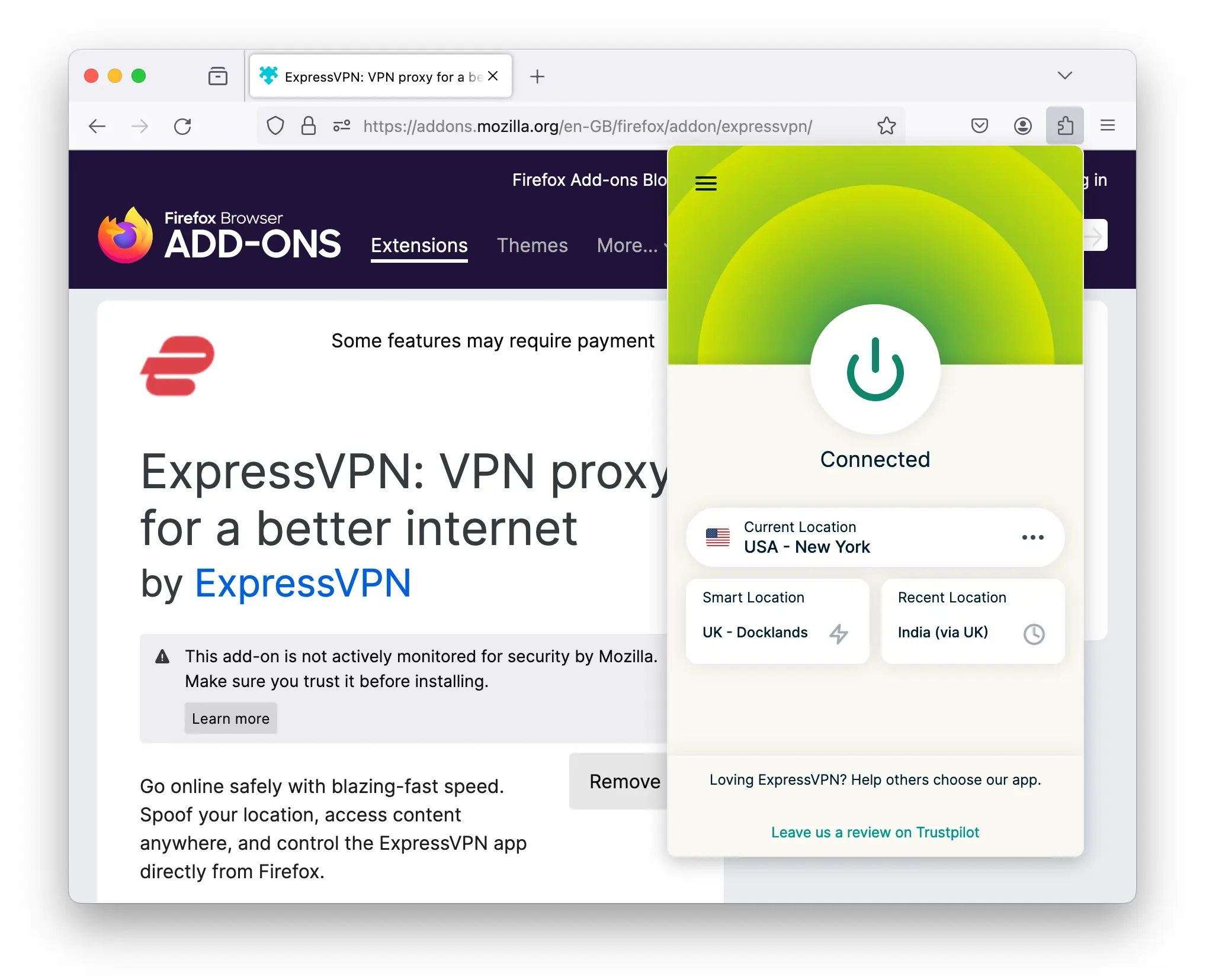 ExpressVPN Firefox extension home screen