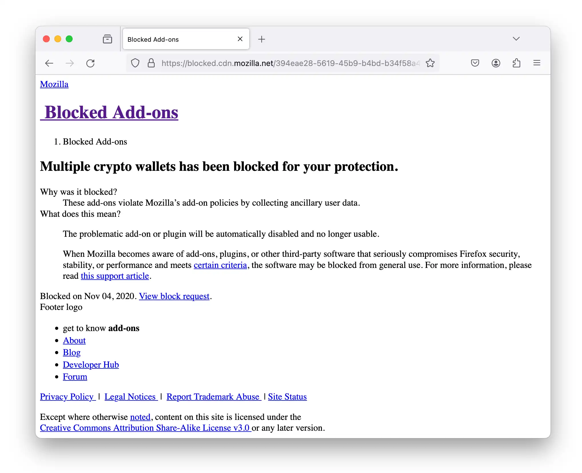 An example of a blocked Firefox add-on